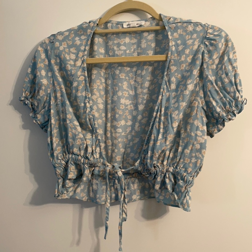 Cute Teal flower pattern tie front short sleeve M